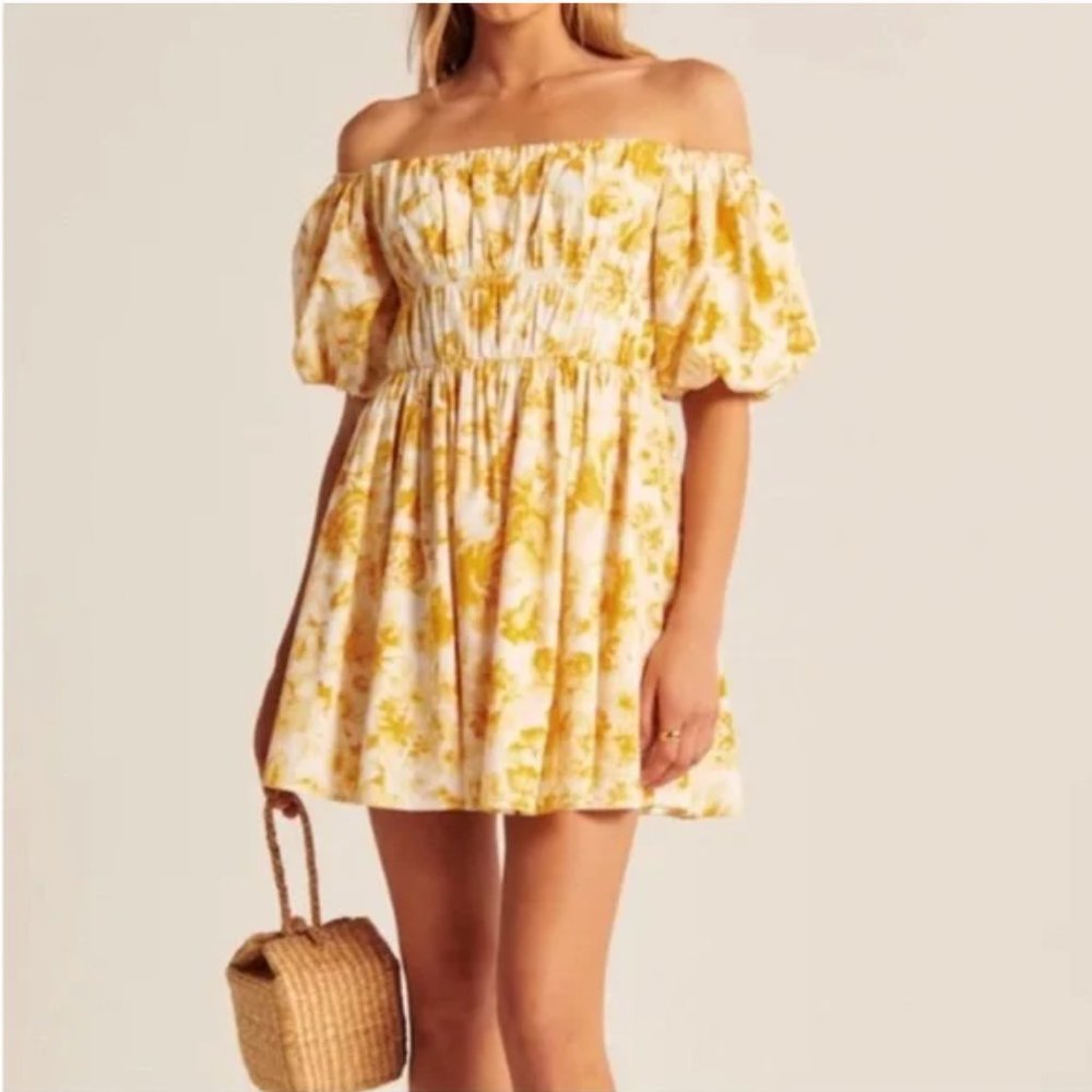 Abercrombie & Fitch Yellow & White Floral Puff Sleeve Mini Dress Size M Tall